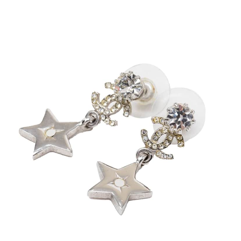 Chanel CC Brass and Strass Star Drop Push Back Earrings Silver Metal Very good condition - Front View