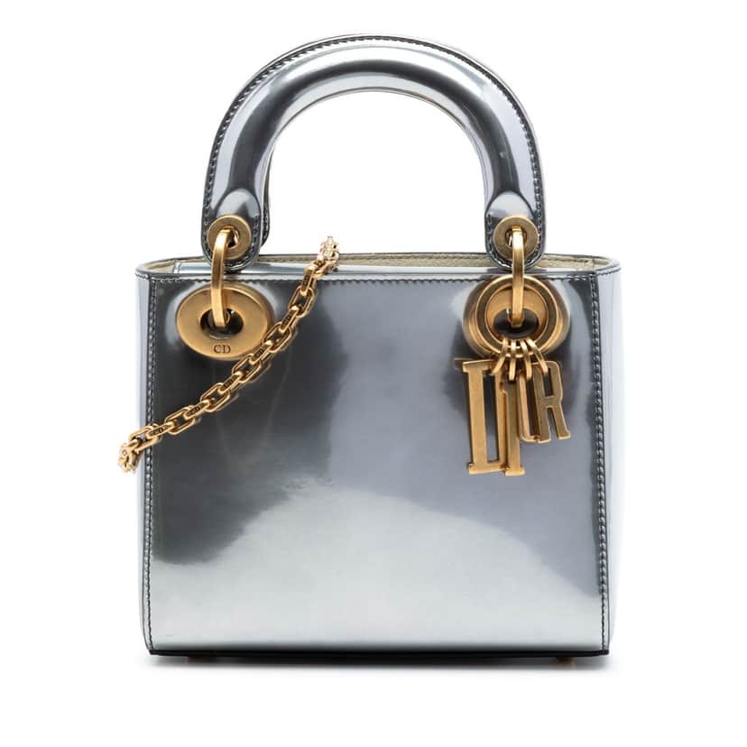 Dior Mini Metallic Patent Lady Dior Silver Leather Very good condition - Front View