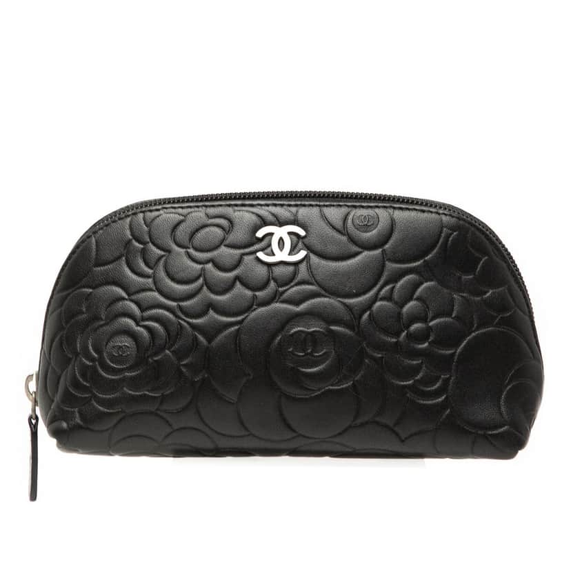 Chanel Embossed Lambskin Camellia Pouch Black Leather Very good condition - Front View