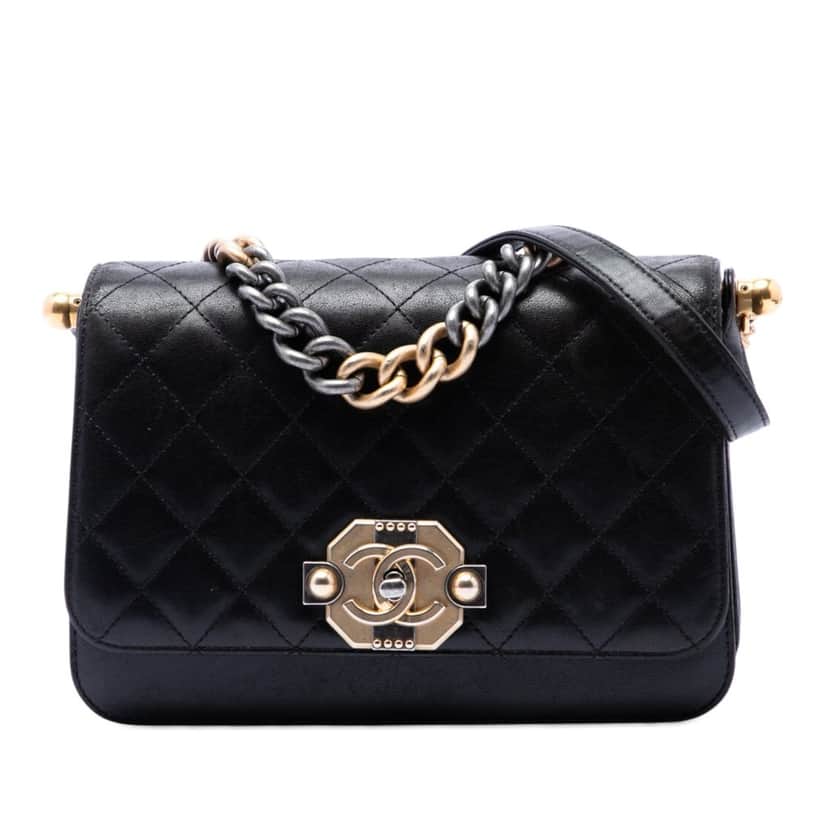 Chanel Paris Cosmopolite Medium Quilted Lambskin Ritz Flap Black Leather Very good condition - Front View