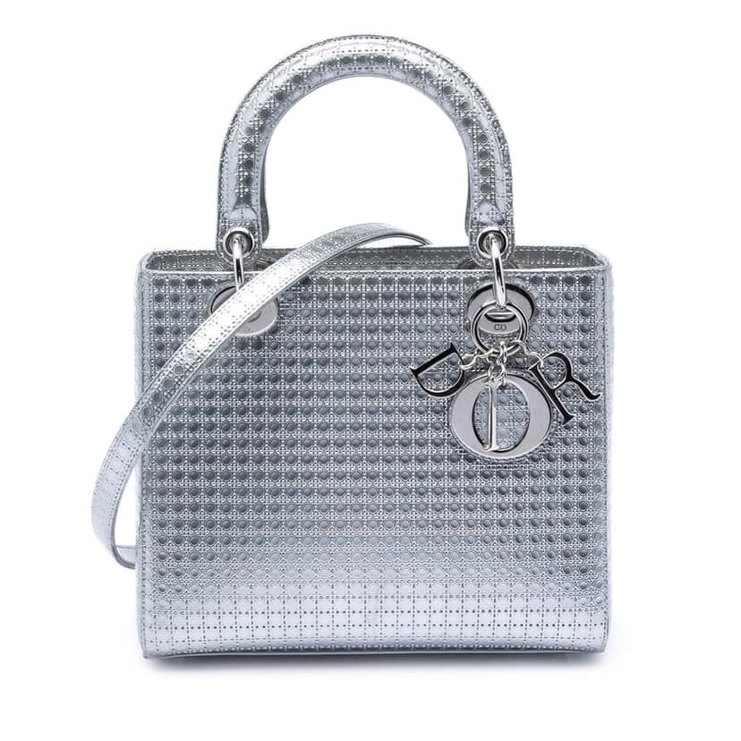 Dior Medium Metallic Patent Microcannage Lady Dior Silver Leather Very good condition - Front View