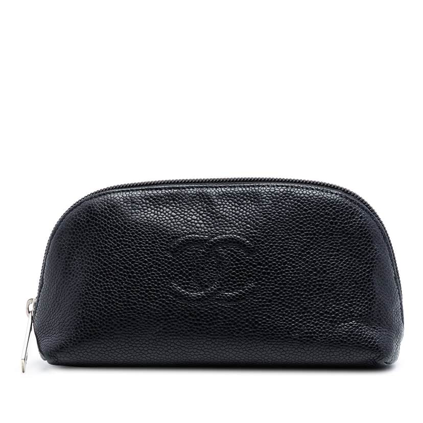 Chanel CC Caviar Cosmetic Pouch Black Leather Very good condition - Front View