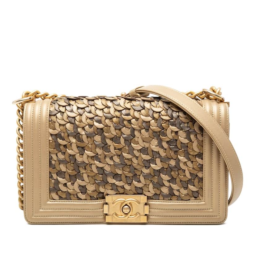 Chanel Old Medium Braided Metallic Lambskin Boy Flap Brown Leather Very good condition - Front View