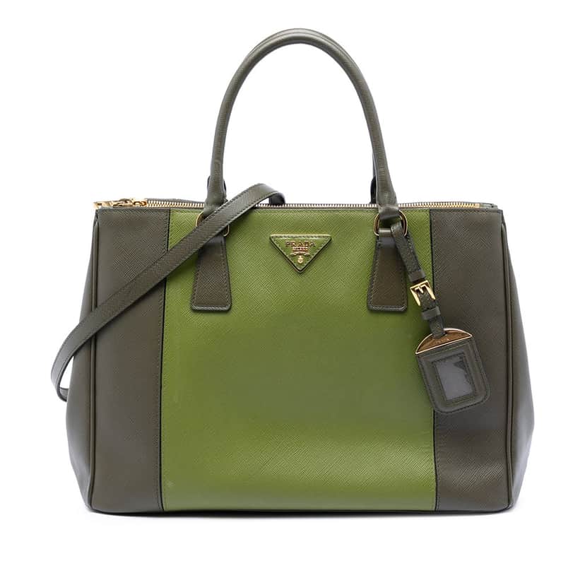 Prada Medium Bicolor Saffiano Lux Galleria Double Zip Satchel Green Leather Very good condition - Front View