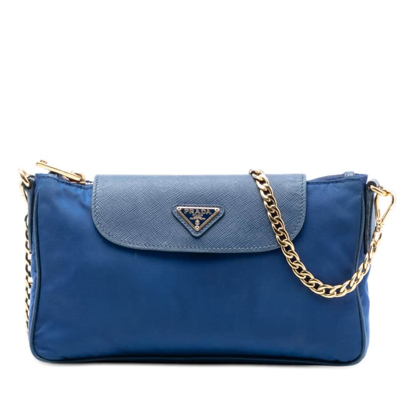 Prada Saffiano Trimmed Tessuto Chain Crossbody Blue Very good condition - Front View