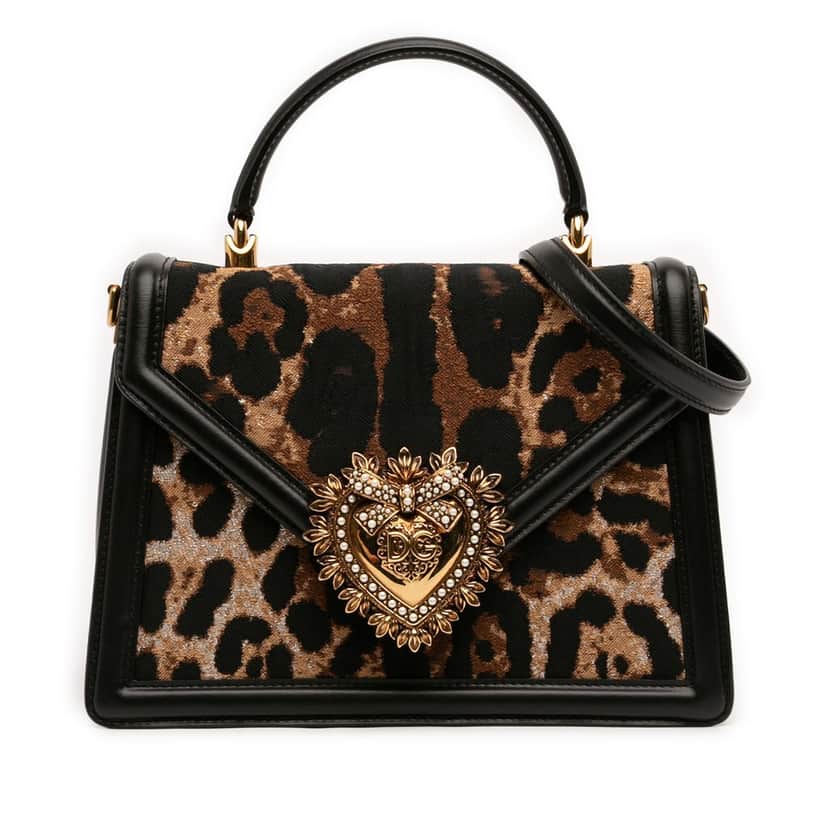 Dolce & Gabbana Medium Canvas Leopard Print Devotion Satchel Brown Very good condition - Front View