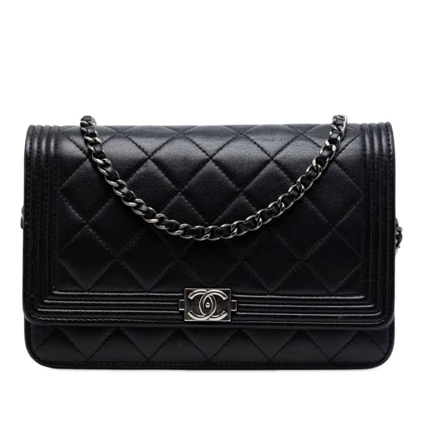 Chanel Quilted Lambskin Boy Wallet On Chain Black Leather Very good condition - Front View