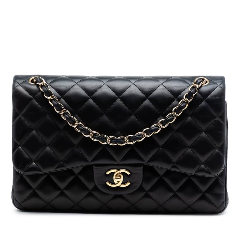 Chanel Jumbo Classic Lambskin Double Flap Black Leather Very good condition - Front View