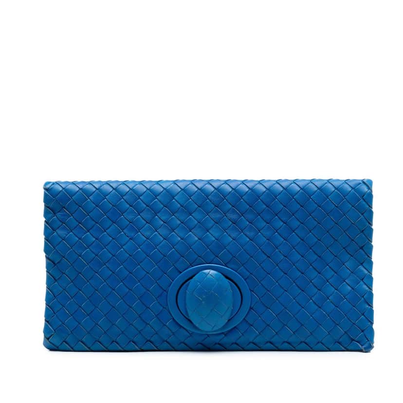 Bottega Veneta Nappa Intrecciato Turn Lock Clutch Blue Leather Very good condition - Front View