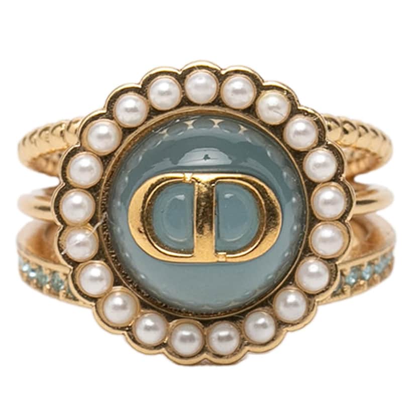 Dior Gold Plated Resin Faux Pearl Strass CD Logo Ring Gold Metal Very good condition - Front View
