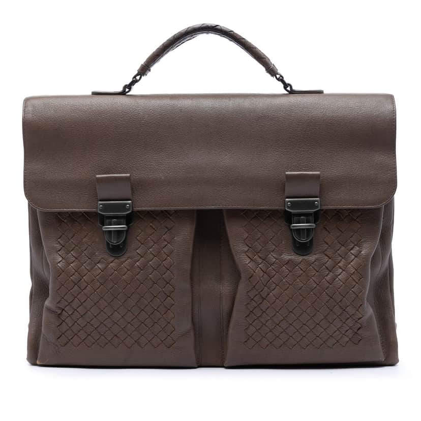 Bottega Veneta Intrecciato Trimmed Nappa Business Bag Brown Leather Very good condition - Front View