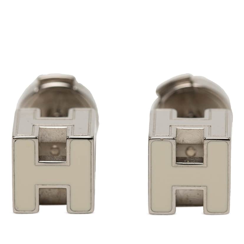 Hermès Palladium Plated and Enamel Cage D H Push Back Earrings Silver Metal Very good condition - Front View
