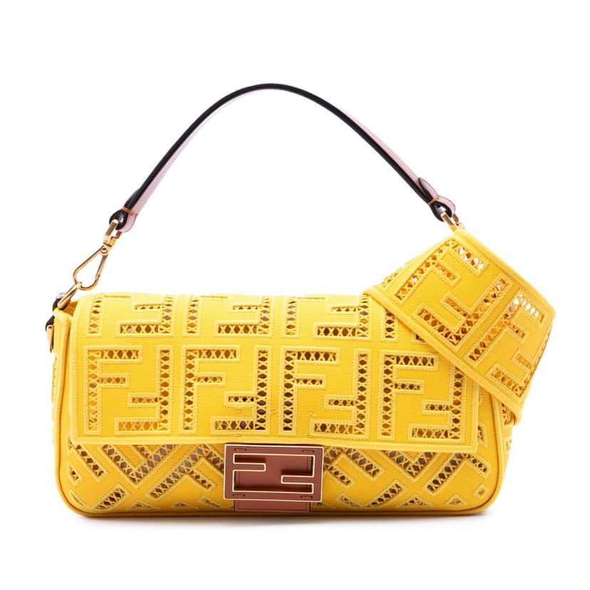Fendi Zucca FF Ajour Embroidered Canvas Baguette Satchel Yellow Very good condition - Front View