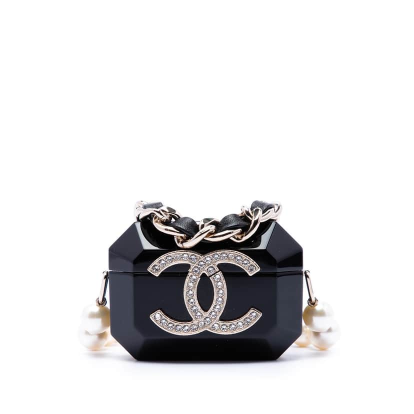Chanel CC Resin Crystal Faux Pearl Airpods Pro Holder Necklace Bag Black Plastic Very good condition - Front View