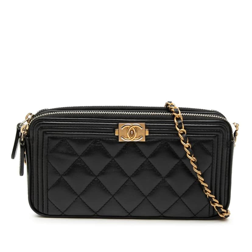 Chanel Quilted Lambskin Boy Double Zip Wallet On Chain Black Leather Very good condition - Front View
