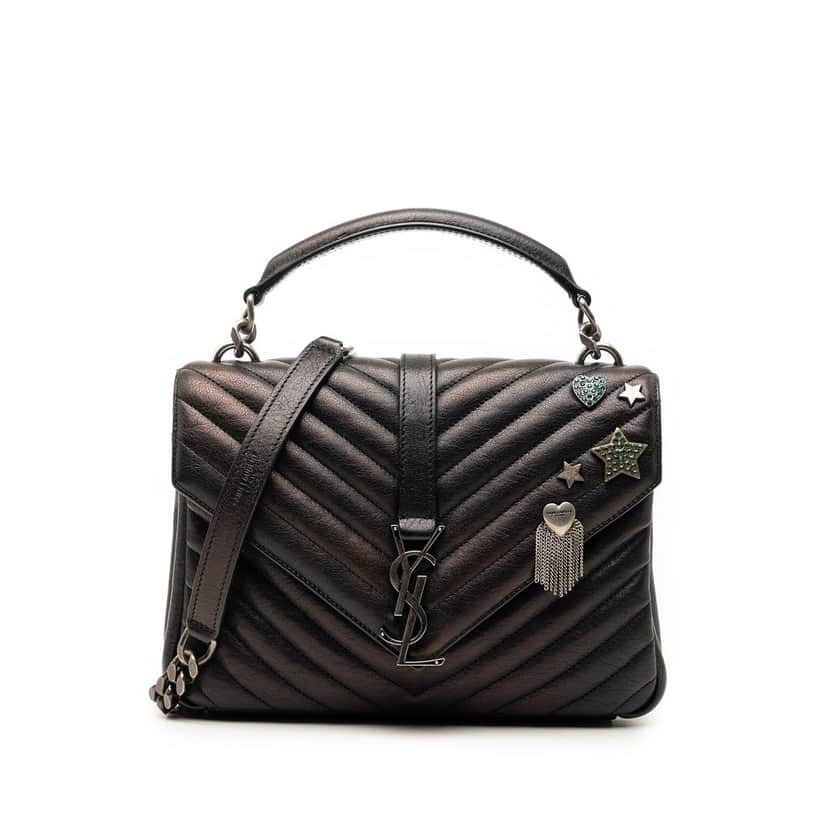 Saint Laurent Medium Metallic Chevron Sheepskin Monogram College Pins Satchel Black Leather Very good condition - Front View