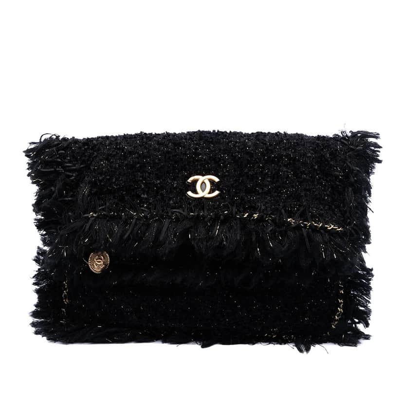 Chanel Paris Cosmopolite Tweed Fringe Clutch Black Very good condition - Front View