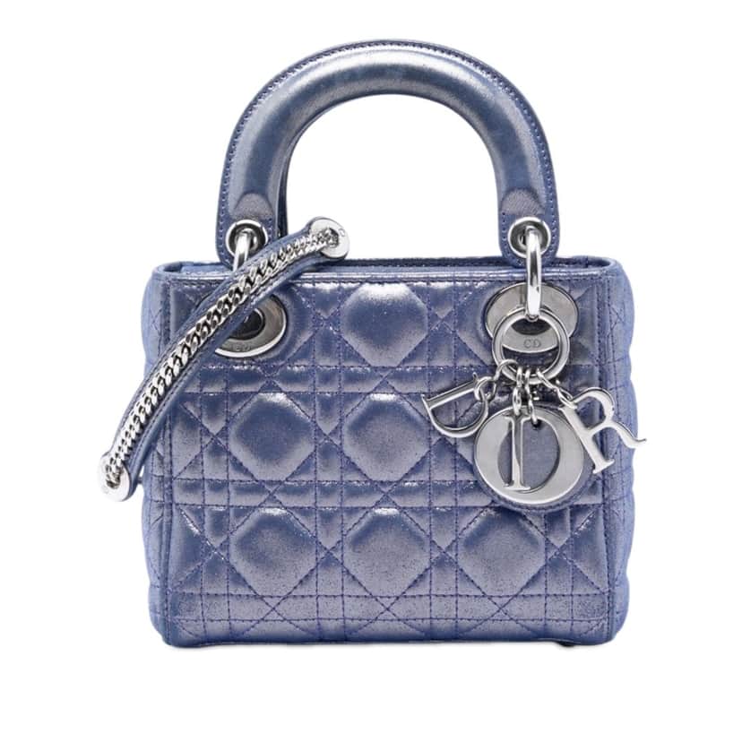 Dior Mini Iridescent Lambskin Cannage Lady Dior Blue Leather Very good condition - Front View