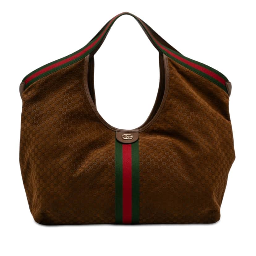 Gucci Large GG Suede Web Giglio Tote Brown Leather Very good condition - Front View