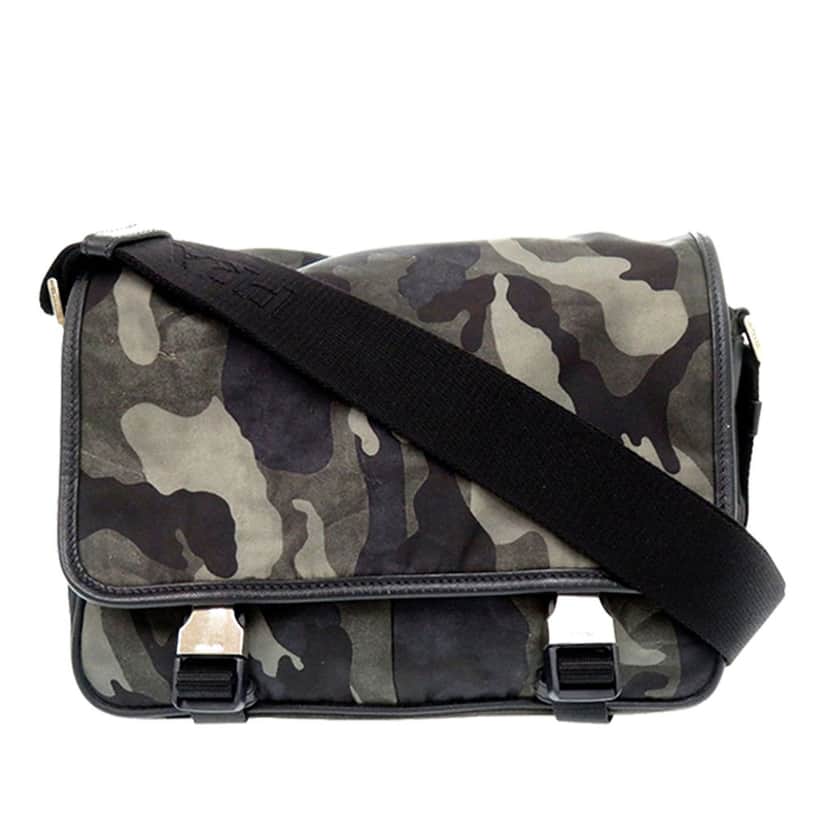 Prada Saffiano Trimmed Tessuto Camouflage Double Buckle Messenger Bag Brown Very good condition - Front View