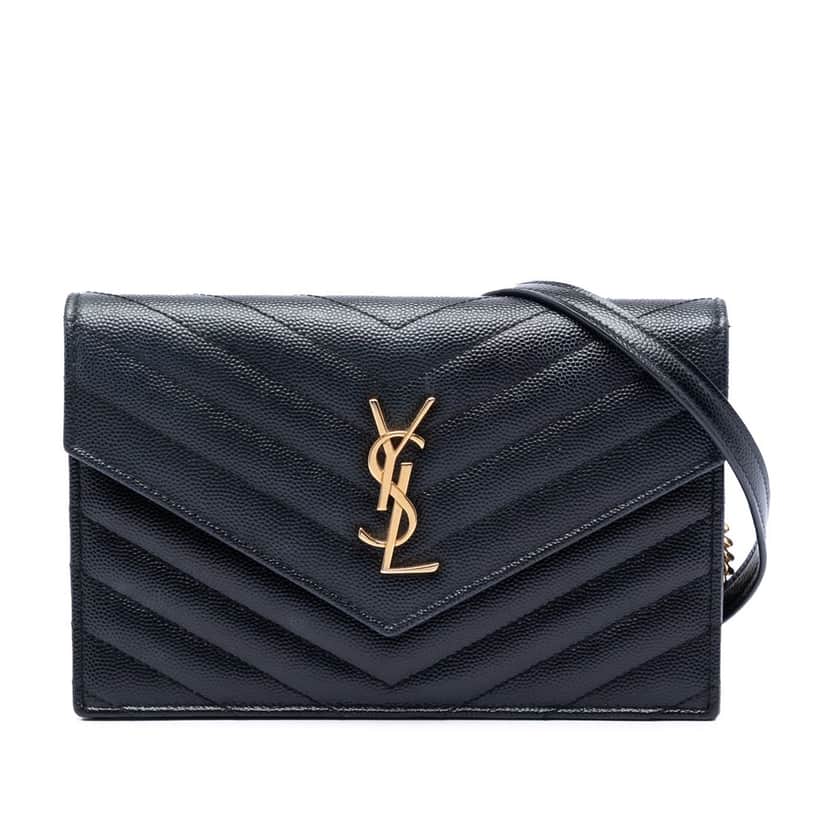 Saint Laurent Grain De Poudre Matelasse Chevron Monogram Chain Wallet Black Leather Very good condition - Front View