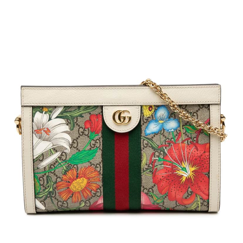 Gucci Small GG Supreme Flora Web Ophidia Chain Crossbody Beige Very good condition - Front View