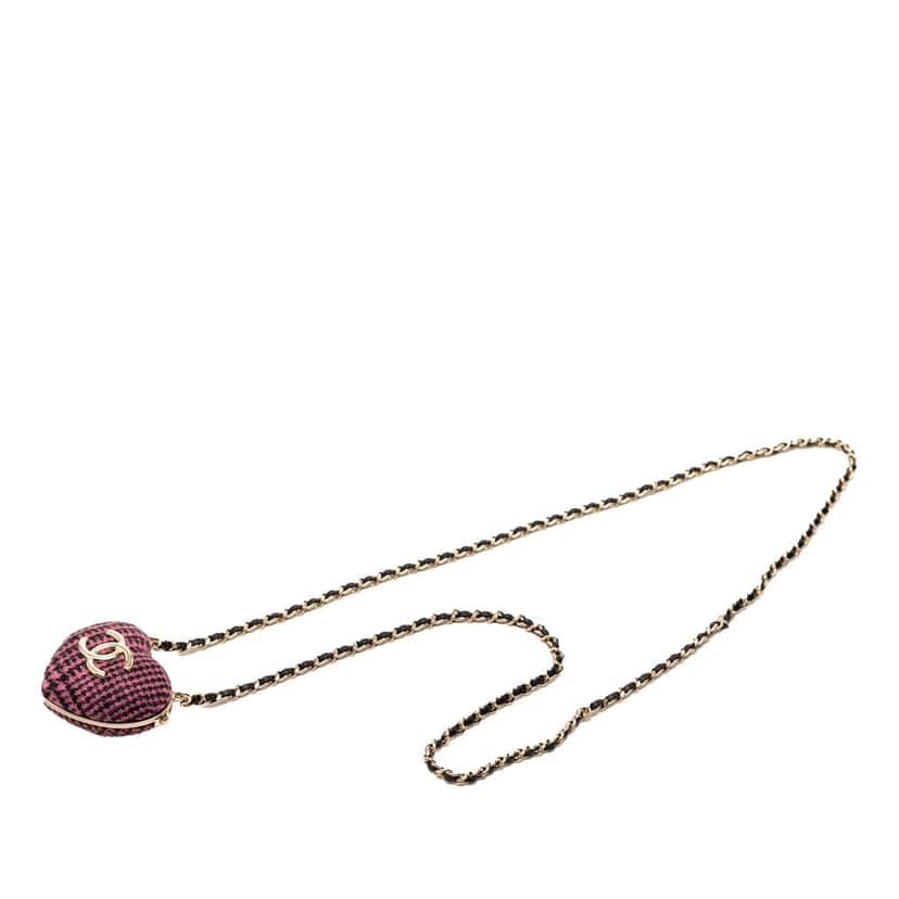 Chanel CC Tweed Heart Locket Necklace Pink Very good condition - Front View