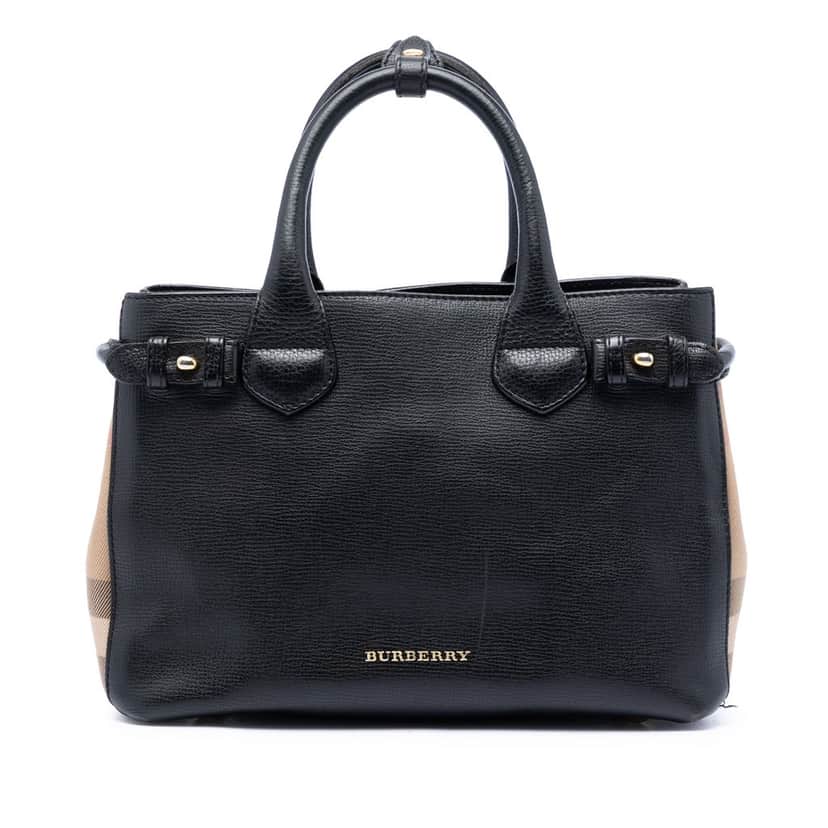 Burberry Small House Check and Leather Banner Satchel Black Leather Very good condition - Front View