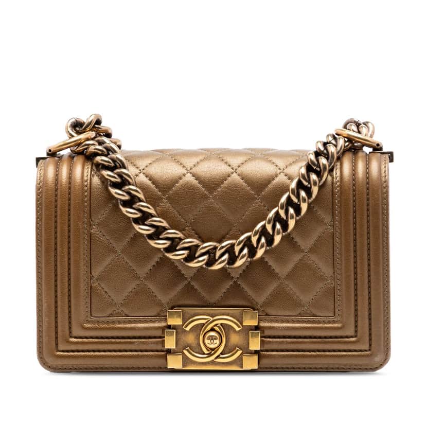 Chanel Small Quilted Metallic Lambskin Boy Flap Gold Leather Very good condition - Front View