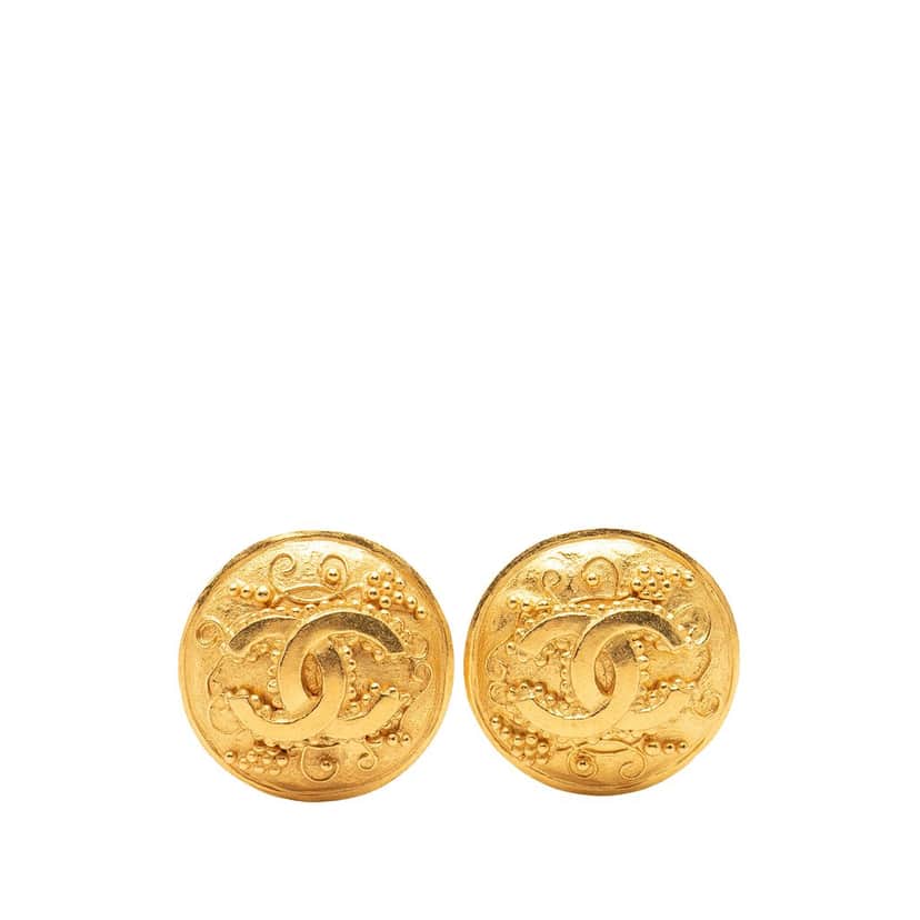 Chanel CC Gold Plated Grapevine Round Clip On Earrings Gold Metal Very good condition - Front View
