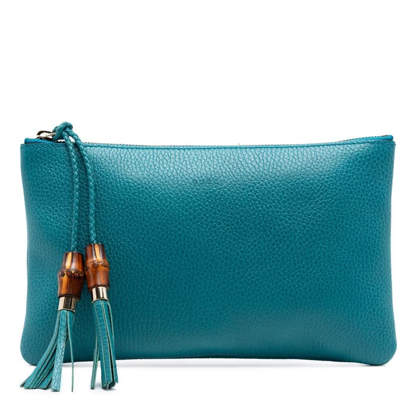 Gucci Calfskin Bamboo Clutch Blue Leather Very good condition - Front View