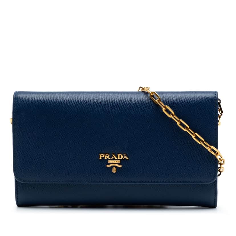 Prada Saffiano Wallet On Chain Blue Leather Very good condition - Front View