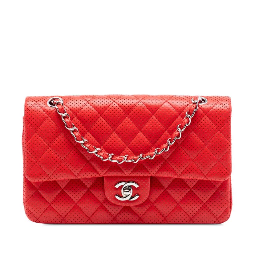 Chanel Medium Classic Perforated Lambskin Double Flap Red Leather Very good condition - Front View