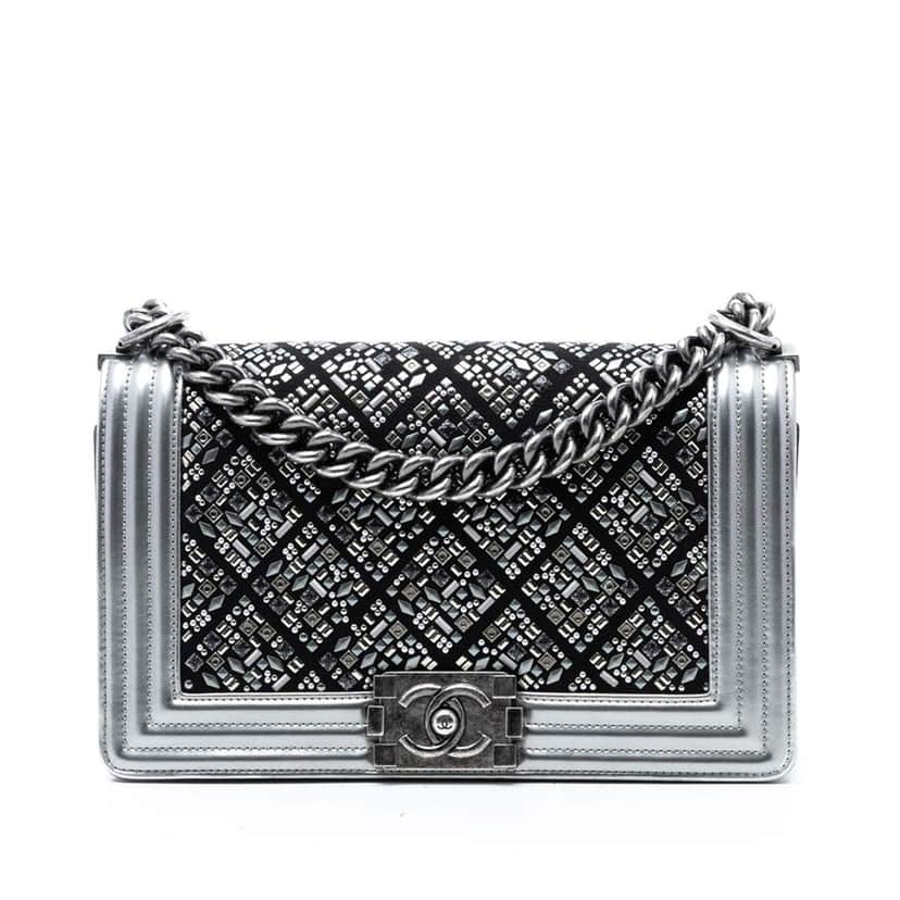 Chanel Old Medium Calfskin Crystal Embellished Boy Flap Silver Leather Very good condition - Front View