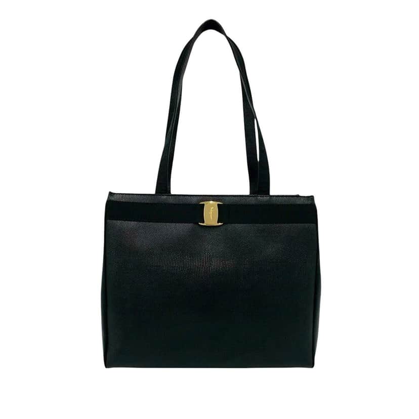 Ferragamo Lizard Embossed Leather Vara Tote Black Leather Very good condition - Front View