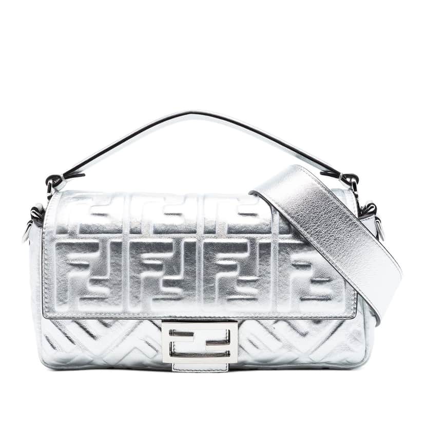 Fendi Medium Metallic Leather Embossed FF Baguette Satchel Silver Leather Very good condition - Front View