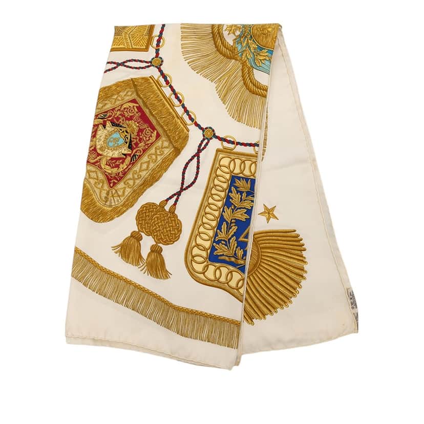 Hermès Poste et Cavalerie Silk Scarf 90 White Very good condition - Front View