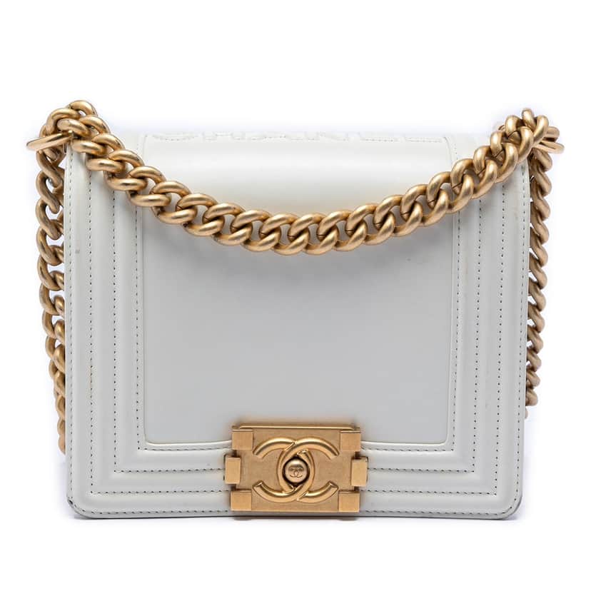 Chanel Square Calfskin Boy Reverso Flap White Leather Very good condition - Front View
