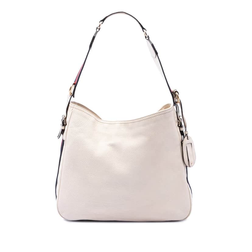 Gucci Medium Pebbled Calfskin Web Heritage Shoulder Bag White Leather Very good condition - Front View