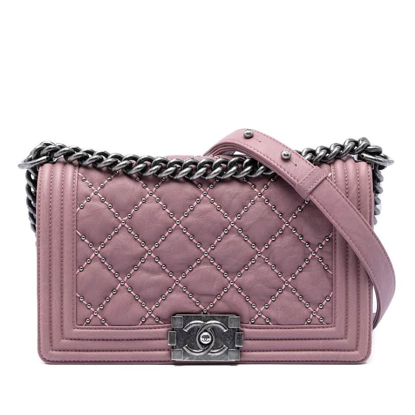 Chanel Old Medium Quilted Crumpled Calfskin Studded Boy Flap Pink Leather Very good condition - Front View