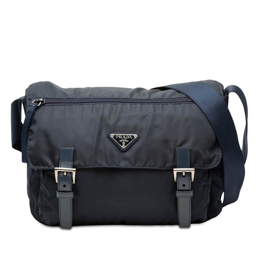Prada Tessuto Zip Double Buckle Messenger Bag Blue Very good condition - Front View