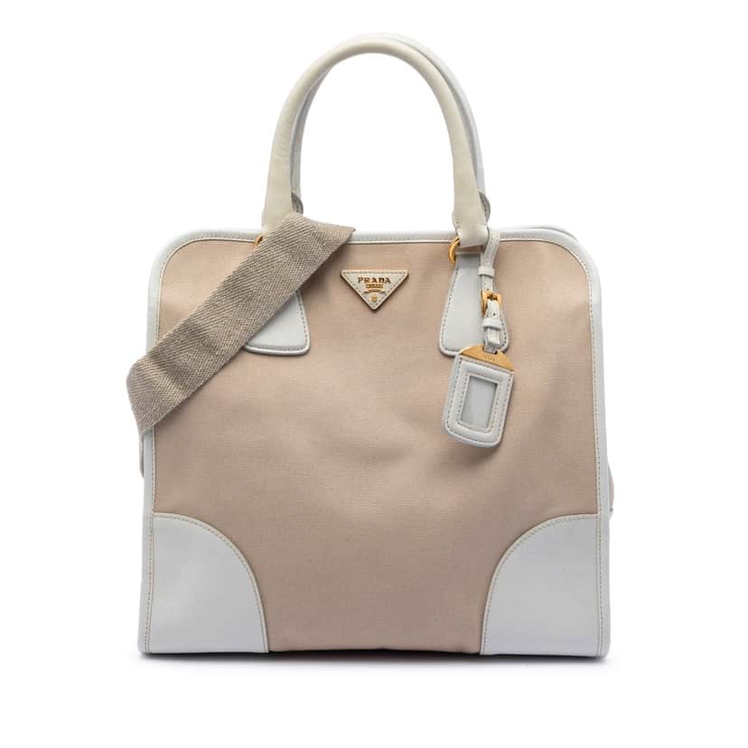 Prada Saffiano Trimmed Canvas Canapa Satchel Beige Very good condition - Front View