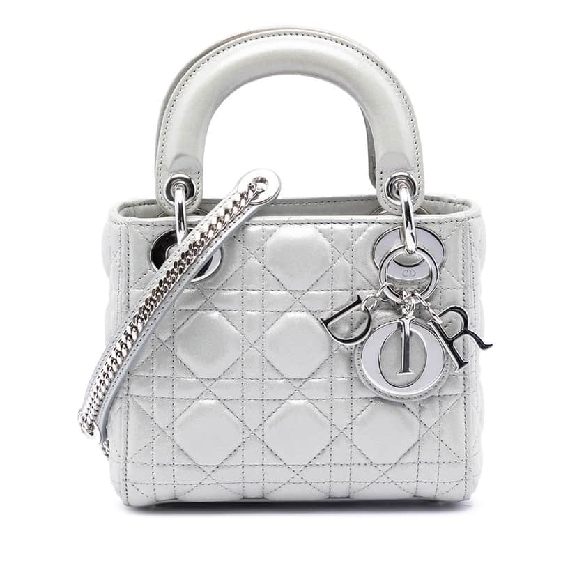 Dior Mini Iridescent Lambskin Cannage Lady Dior Silver Leather Very good condition - Front View