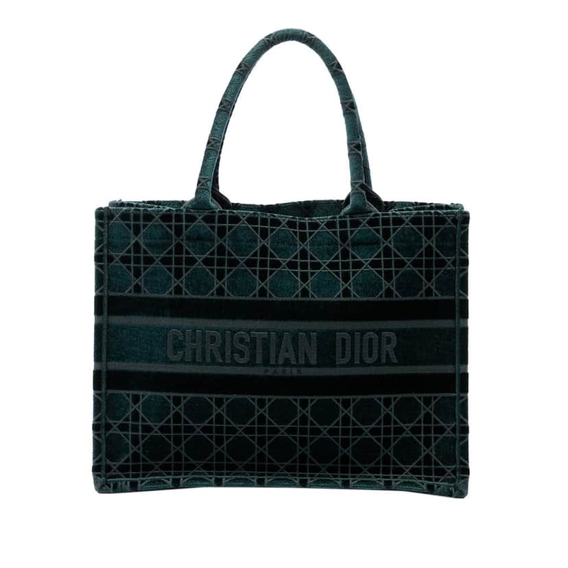 Dior Medium Embroidered Velvet Cannage Book Tote Green Very good condition - Front View