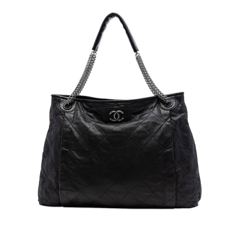 Chanel CC Quilted Lambskin Chain Shopping Tote Black Leather Very good condition - Front View