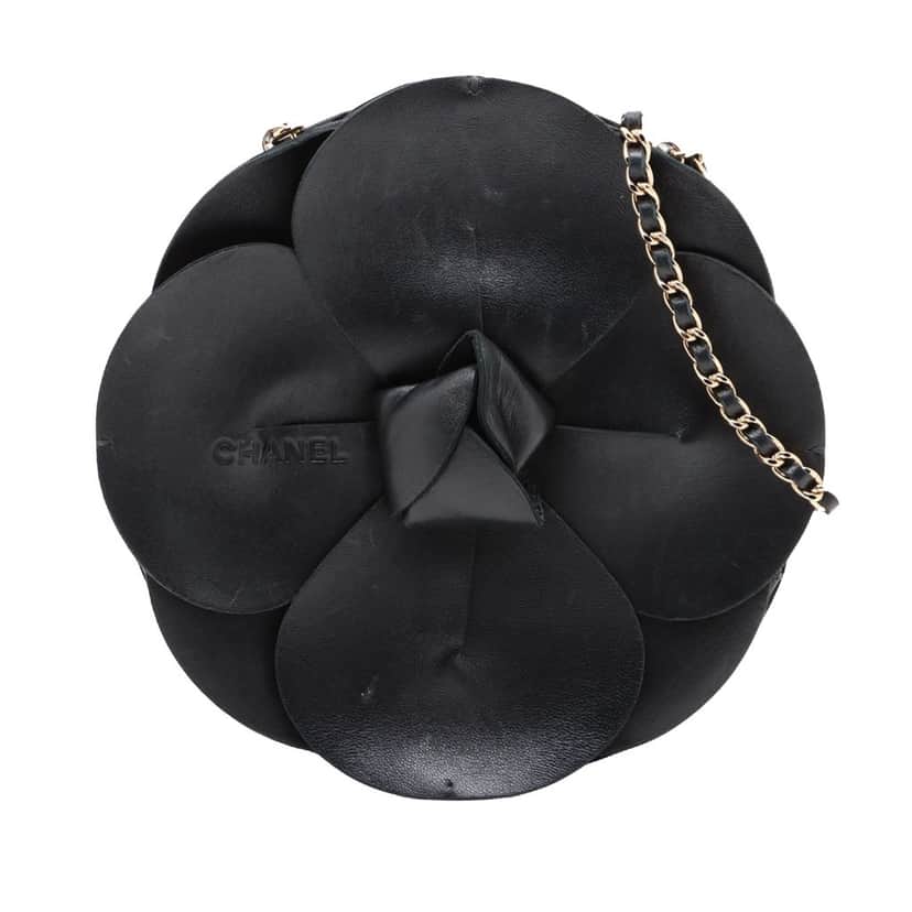 Chanel Lambskin and Satin Camellia Flower Evening Bag Black Leather Very good condition - Front View