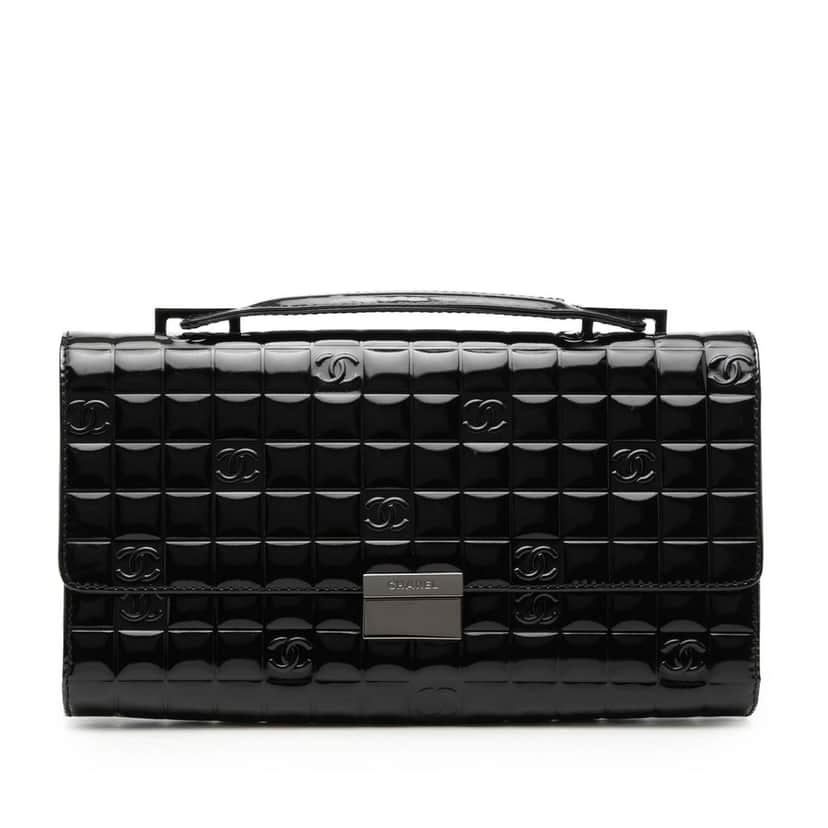 Chanel CC Chocolate Bar Patent Handle Clutch Black Leather Very good condition - Front View