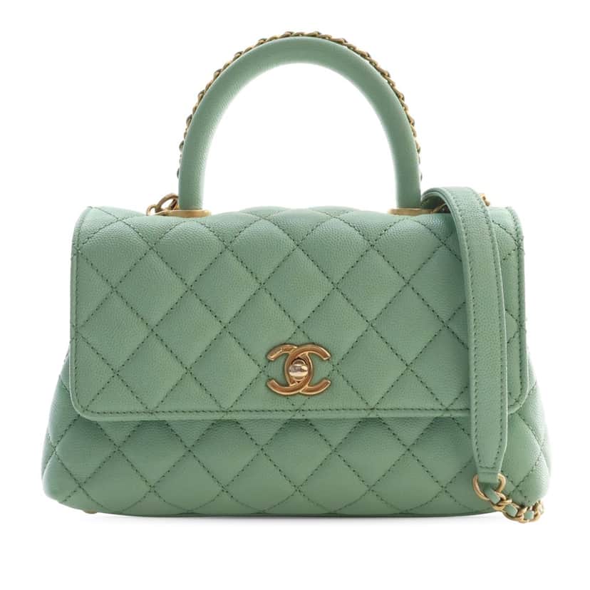 Chanel Mini Quilted Caviar Coco Chain Top Handle Bag Green Leather Very good condition - Front View