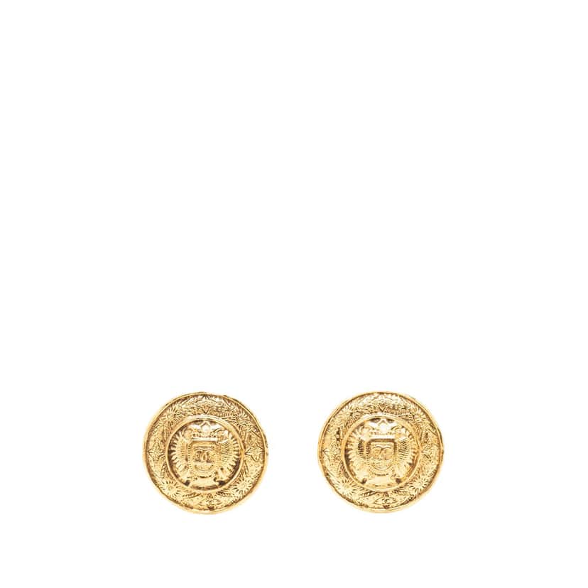 Chanel CC Gold Plated Crest Round Clip On Earrings Gold Metal Very good condition - Front View