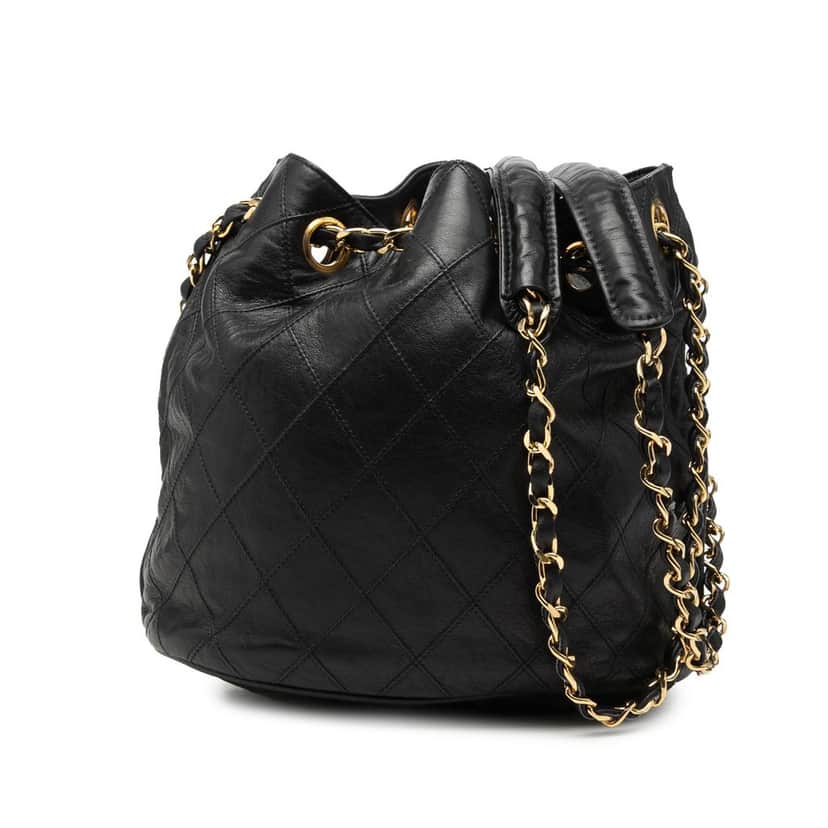 Chanel Quilted Lambskin Drawstring Chain Bucket Bag Black Leather Very good condition - Front View